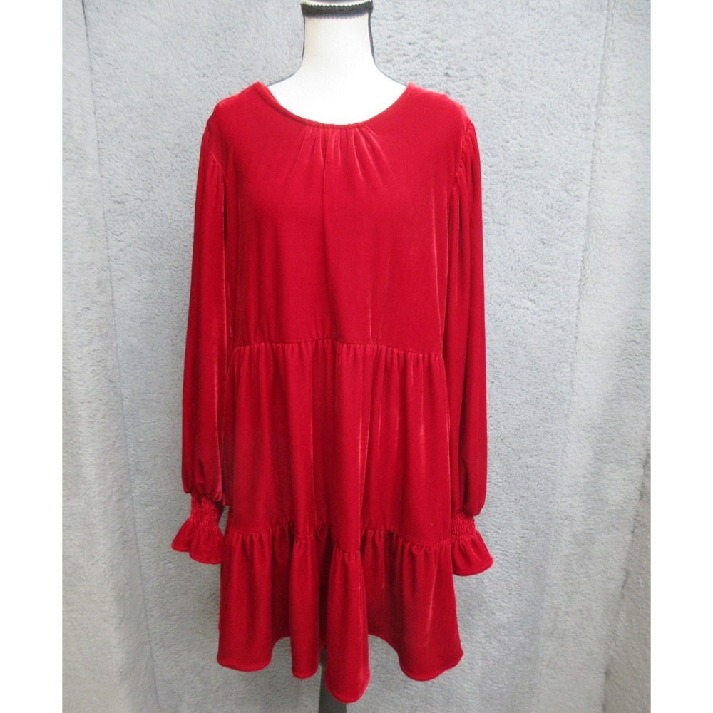 Red Velvet Babydoll Dress Womens L Tiered Ruffle Holiday Christmas Coquette